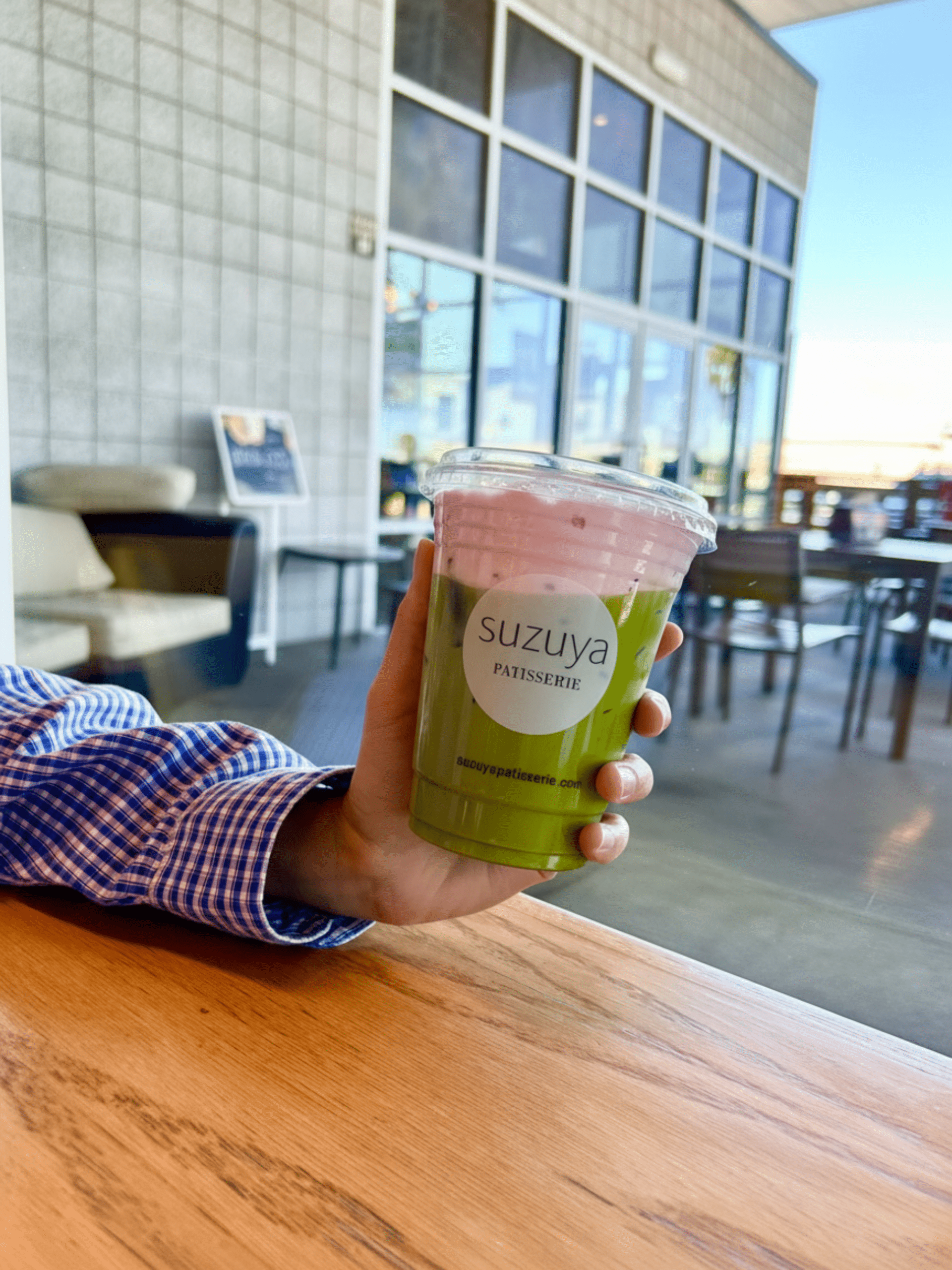 Sakura matcha latte with floral cream at Suzuya Patisserie
